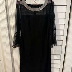 Alex Evenings Black Dress with Sheer Sleeves and Silver Neckline